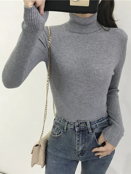 Gerippter Damen Rollkragenpullover Langarm Slim Fit Strickoberteil
