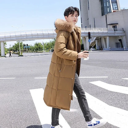 Long padded coat with hood and faux fur trim for men