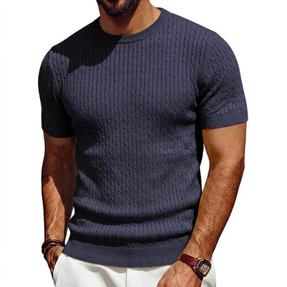 Men's short-sleeve knit pullover cable-knit pattern crew neck