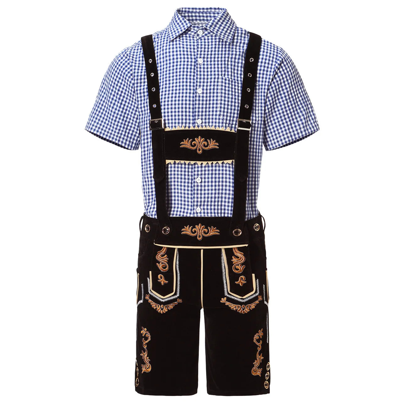 Men’s traditional outfit: lederhosen, shirt, hat, quilted details, various colors