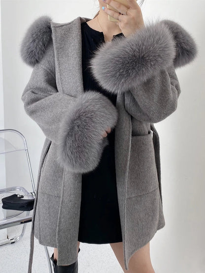 Women's Short Coat with Fur Collar and Fur Cuffs, Belted Wrap Coat