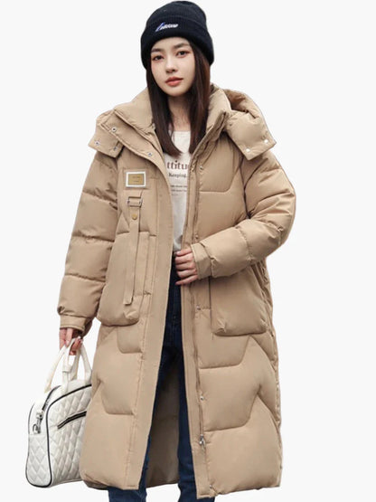Women's winter quilted coat with hood – long, warm outdoor parka for everyday & leisure