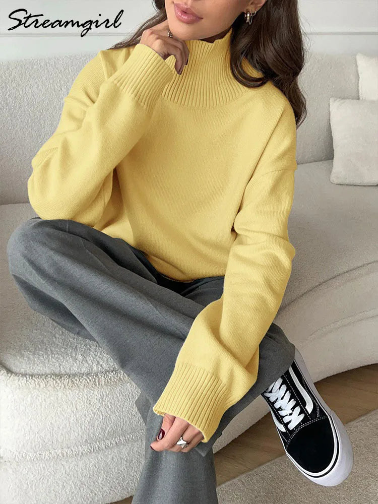 Women's oversized turtleneck knitted sweater long sleeves