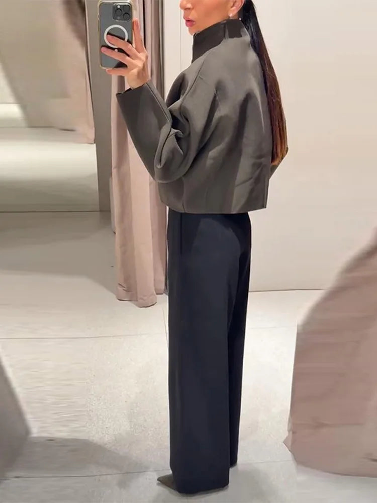 Short stand-collar jacket with zipper, olive green