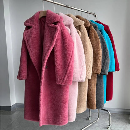 Damen Teddyfell-Mantel Lang Zweireihig Beige Winter