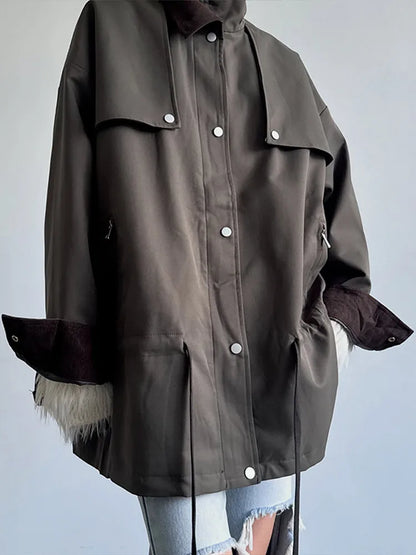 Women's beige oversized-style jacket with drawstring and contrasting collar