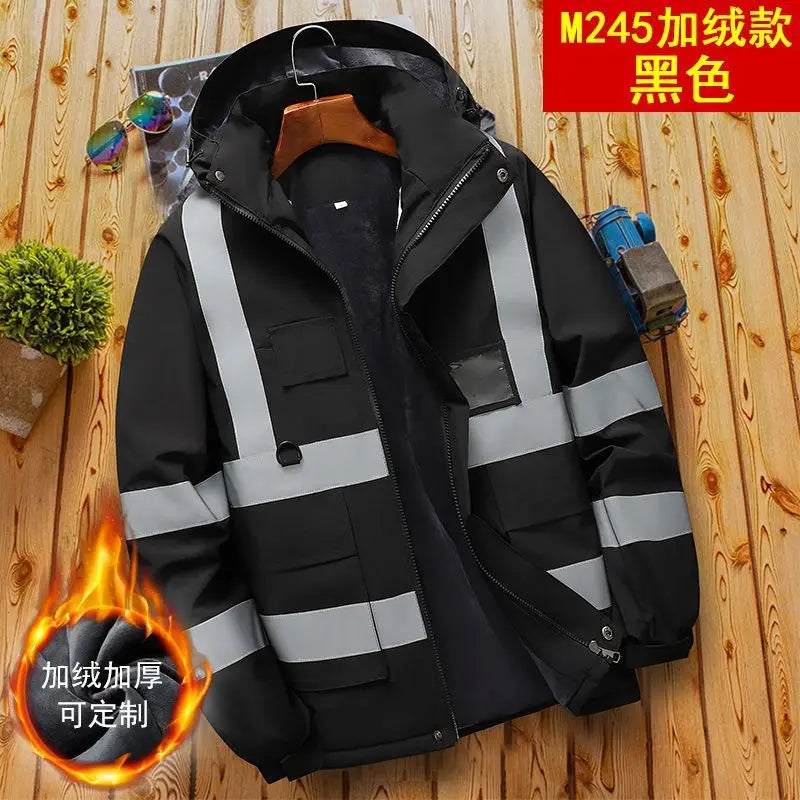 Men's winter work jacket with fleece lining, reflective stripes, and hood