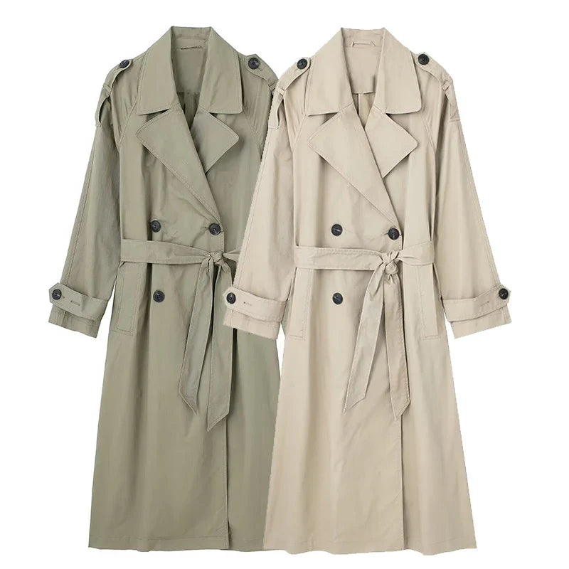 Damen Trenchcoat Lang mit Gürtel Zweireihig Klassischer Übergangsmantel Beige Grün