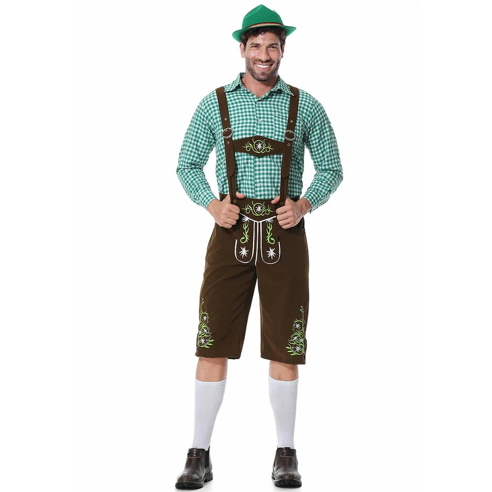 Men's traditional leather pants set with shirt and suspenders, black or brown