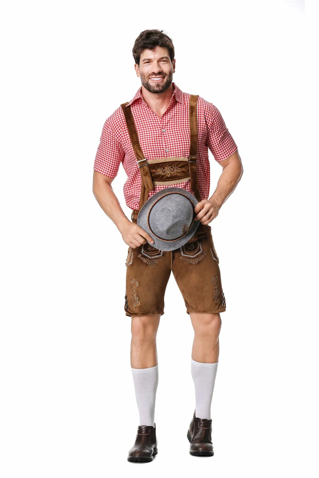 Men’s traditional outfit: lederhosen, shirt, hat, quilted details, various colors