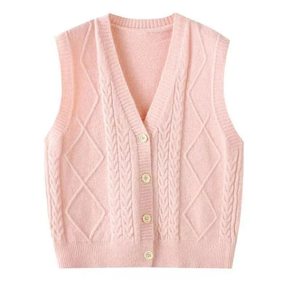 Women's Knit Vest with V-Neck, Cable and Diamond Pattern, Black