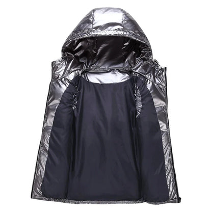 Unisex shiny hooded quilted vest, sleeveless puffer vest with zipper
