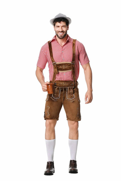 Men’s traditional outfit: lederhosen, shirt, hat, quilted details, various colors