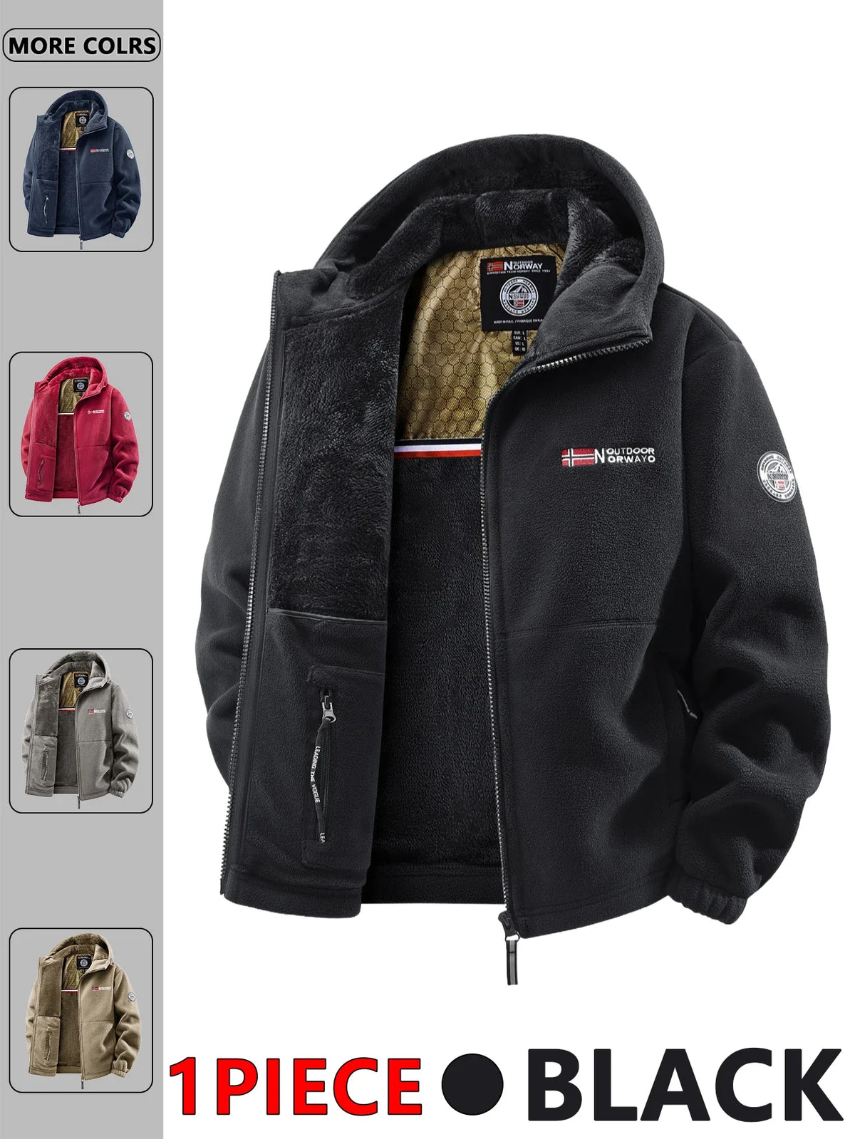 Men's fleece jacket with hood and zipper, lined, in various colors