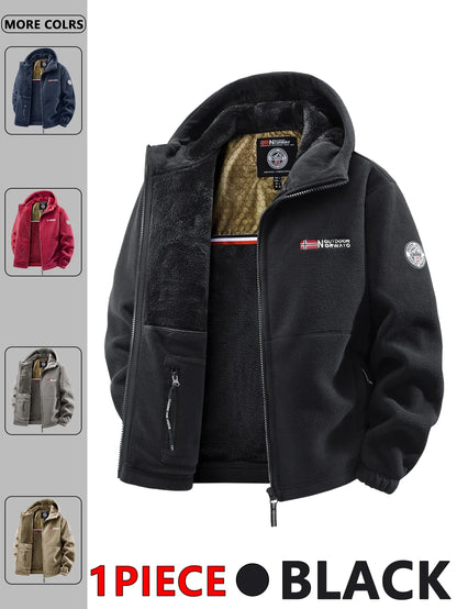 Men's fleece jacket with hood and zipper, lined, in various colors