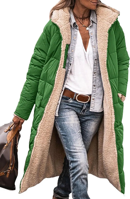 Long women's quilted coat with teddy lining & hood - Warmly lined winter coat