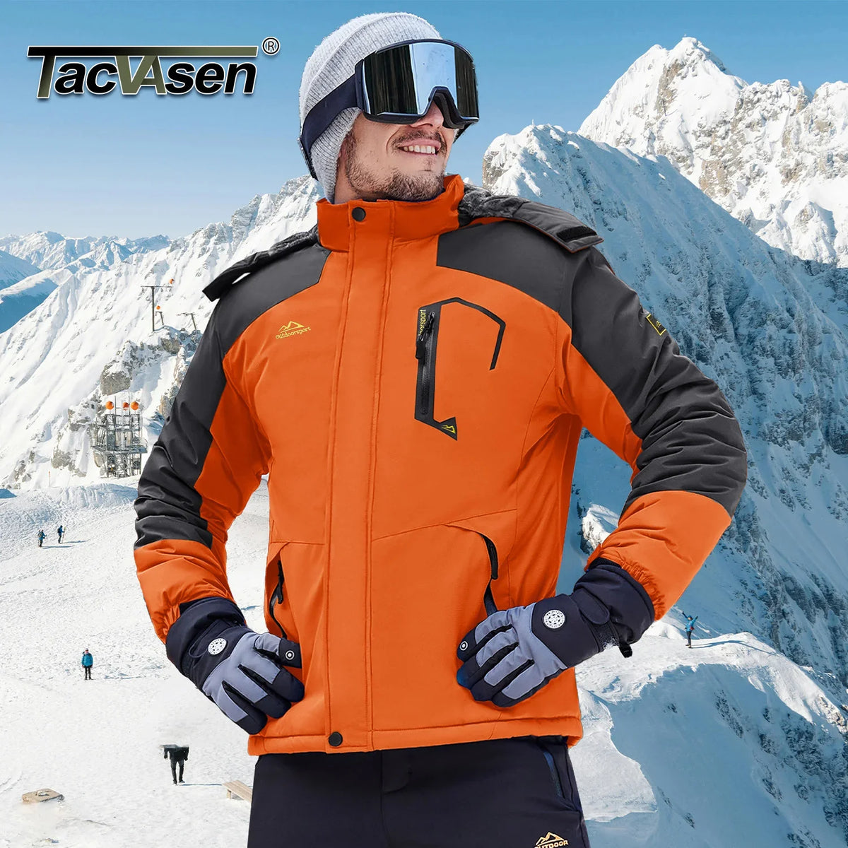 Herren Winterjacke Outdoor Skijacke mit Kapuze und Taschen Orange Grau