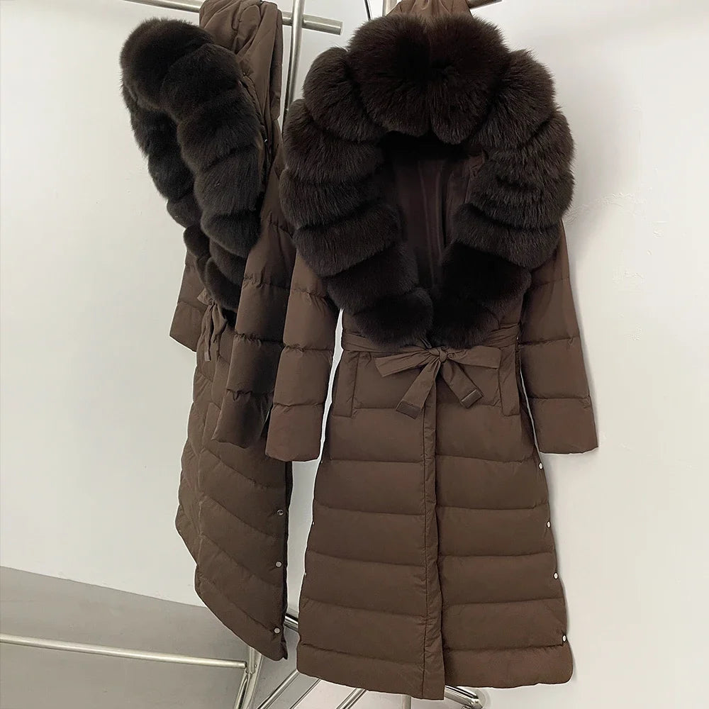 Damen Winter Steppmantel Lang mit Kunstfellkragen Bindegürtel