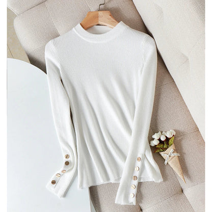 Women's rib-knit sweater, long sleeve, with decorative buttons