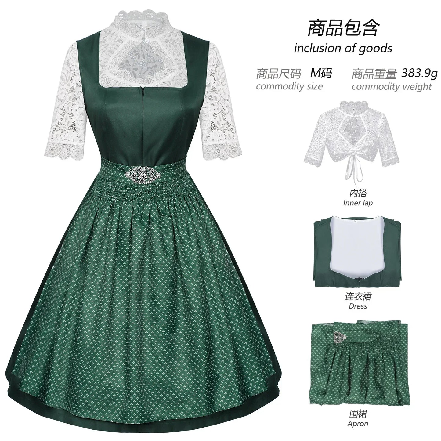 Dirndl mit Schürze und Spitzenbluse Grüner Blauer Trachtenrock Trachtenmode