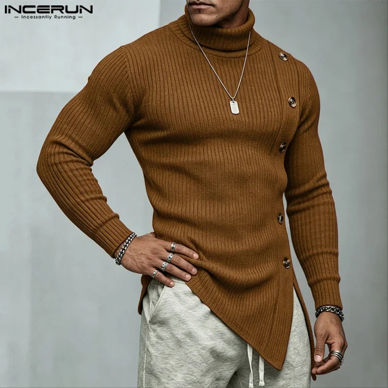 Men's turtleneck sweater, long sleeve, asymmetrical hem, buttons, rib knit, beige