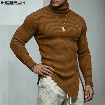 Men's turtleneck sweater, long sleeve, asymmetrical hem, buttons, rib knit, beige