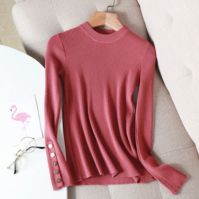 Women's rib-knit sweater, long sleeve, with decorative buttons