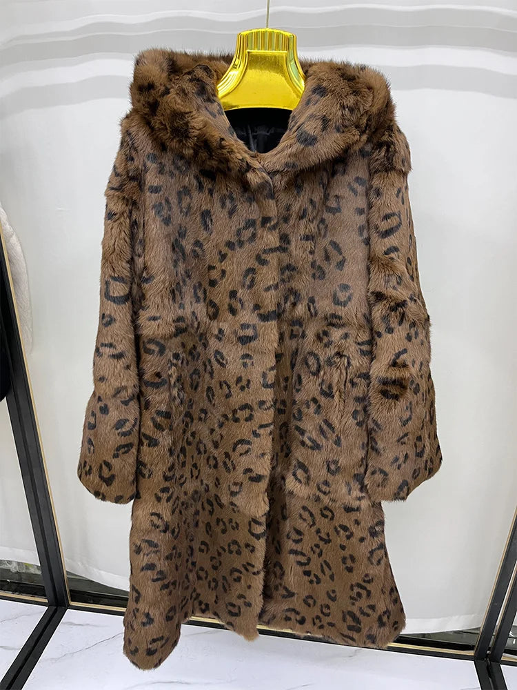 Women's long hooded coat, faux fur look, off-white gray