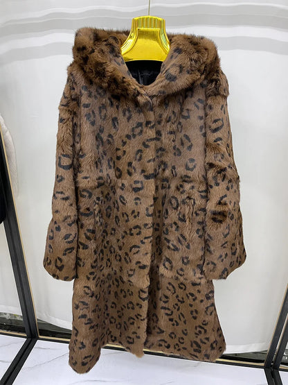 Women's long hooded coat, faux fur look, off-white gray