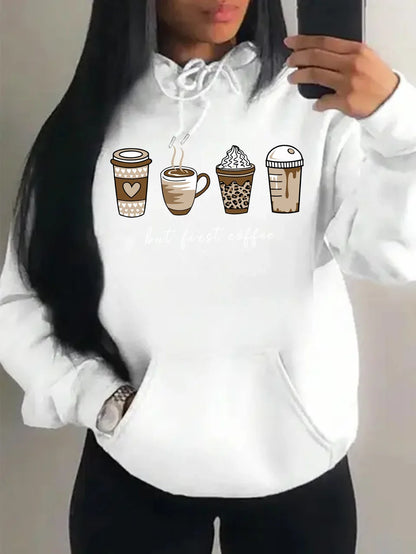 Women's hoodie with coffee cup print, hood, and kangaroo pocket