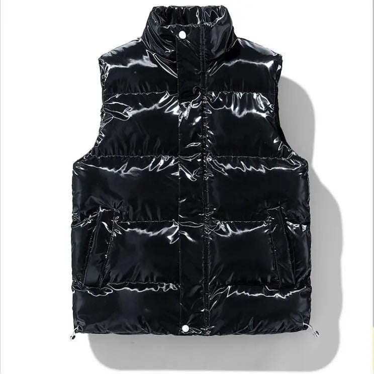 Shiny Quilted Vest for Men with Stand-Up Collar - Black