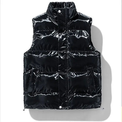 Shiny Quilted Vest for Men with Stand-Up Collar - Black
