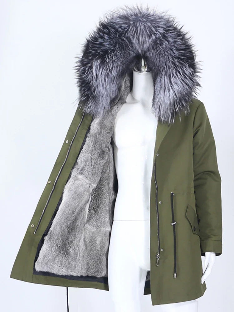Women's winter parka with hood and fur trim, warm jacket, unisex