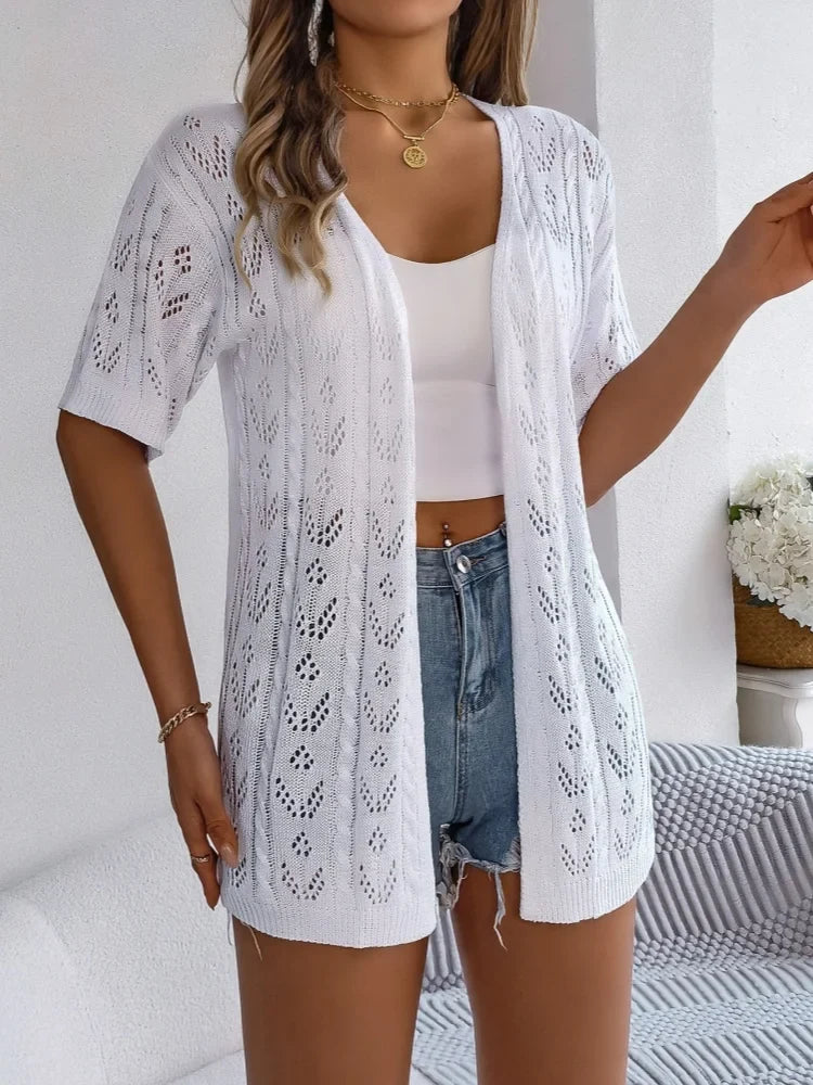 Women's short-sleeve knitted cardigan with open-knit pattern and open front