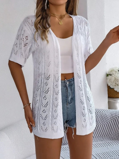 Women's short-sleeve knitted cardigan with open-knit pattern and open front
