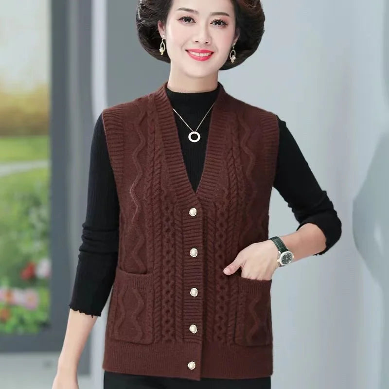 Women's Cable-Knit Vest with V-Neck and Button Placket