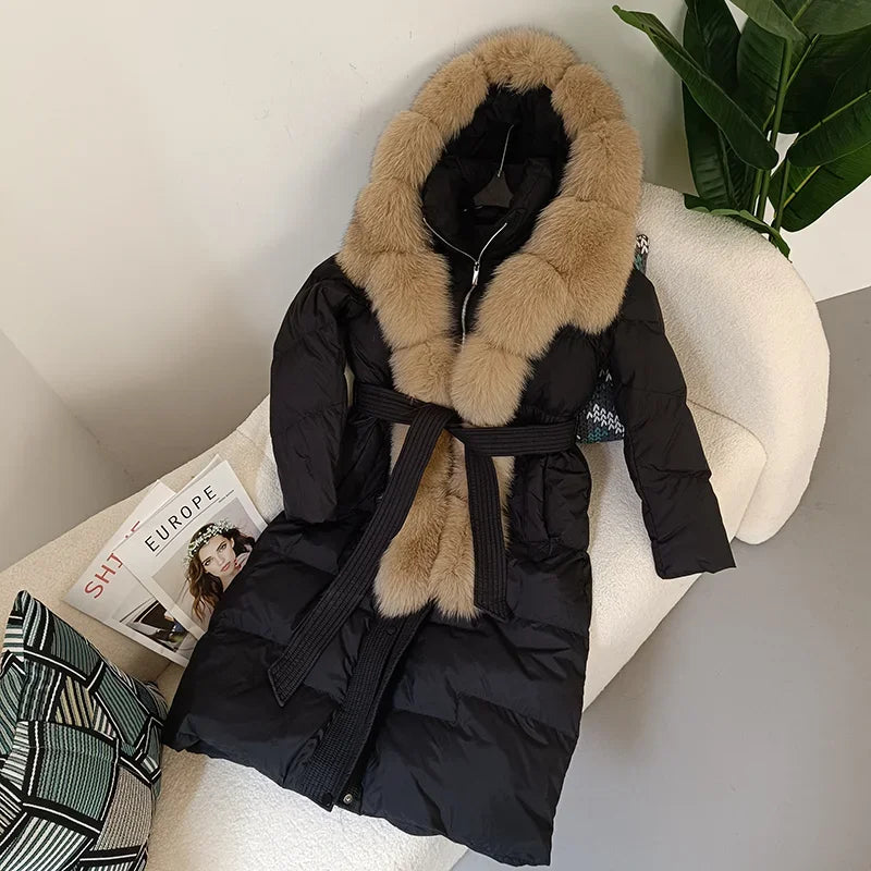 Damen Daunenmantel mit Pelzkapuze und Bindegürtel, gepolstert, lange Winterjacke
