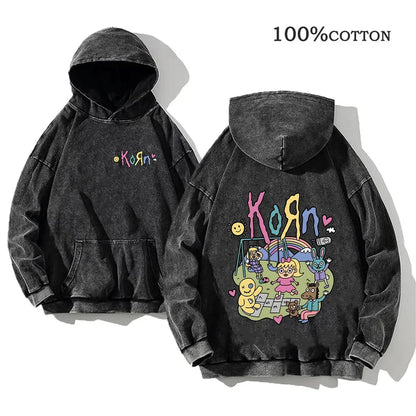 Hoodie Schwarz Grau Washed Oversize mit Band-Print Vorn & Hinten