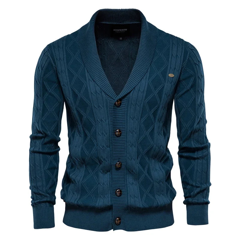 Men's shawl-collar cardigan with diamond pattern and button placket