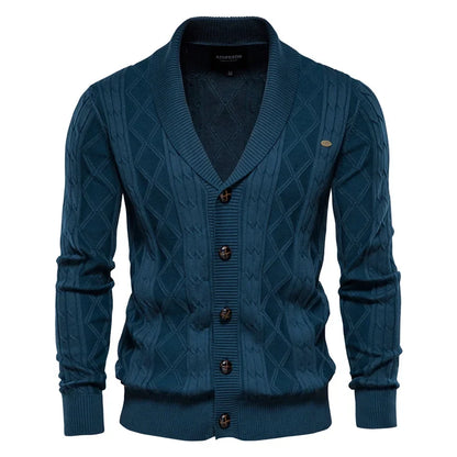 Men's shawl-collar cardigan with diamond pattern and button placket