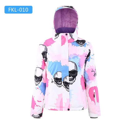 Women's winter ski jacket with hood, colorful pattern, outdoor