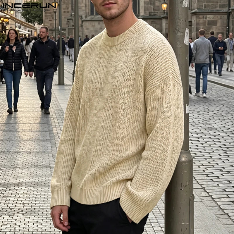 Ribbed men's long-sleeve crew-neck pullover top black