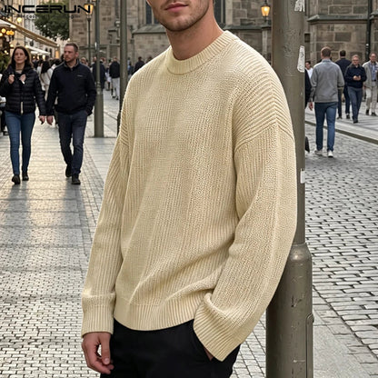 Ribbed men's long-sleeve crew-neck pullover top black