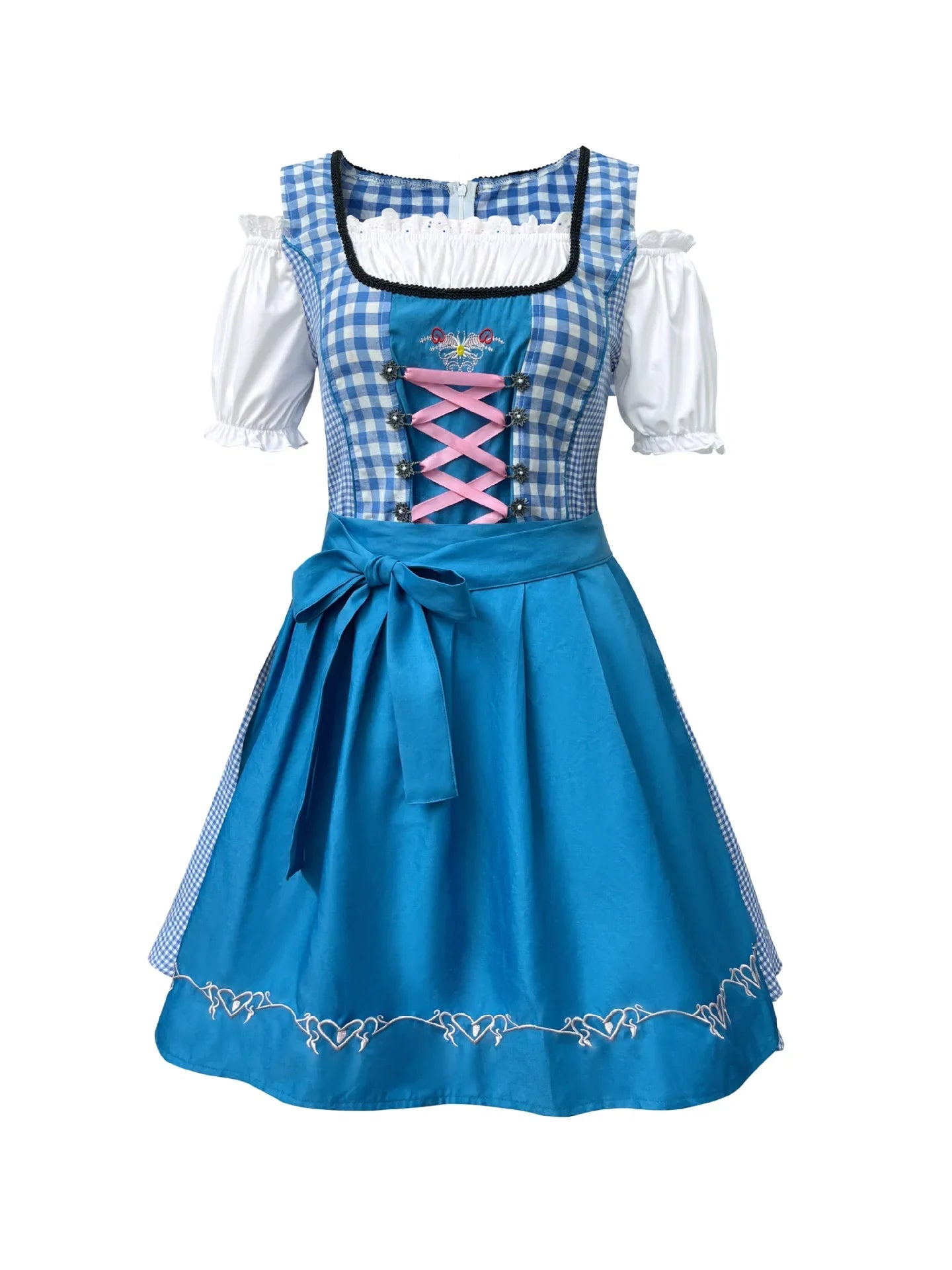 Dirndl Kleid Blau Weiß Kariert mit Schürze und Stickerei
