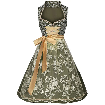 Grünes Dirndl Kleid mit goldener Schürze und Spitzenrock Trachtenkleid