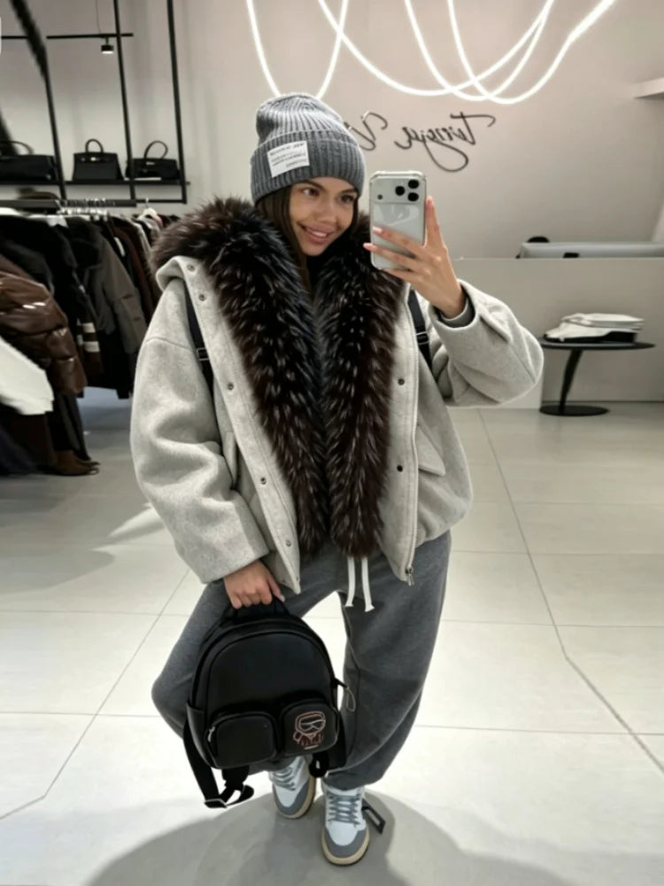 Damen Kurzmantel mit Kunstpelzkragen Reißverschluss Jacke Wintermantel Warm Grau Beige Braun