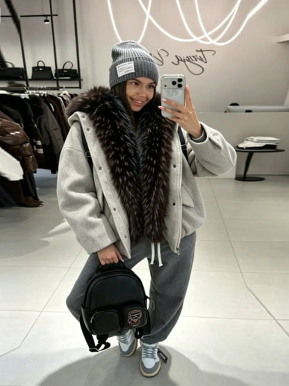 Damen Kurzmantel mit Kunstpelzkragen Reißverschluss Jacke Wintermantel Warm Grau Beige Braun