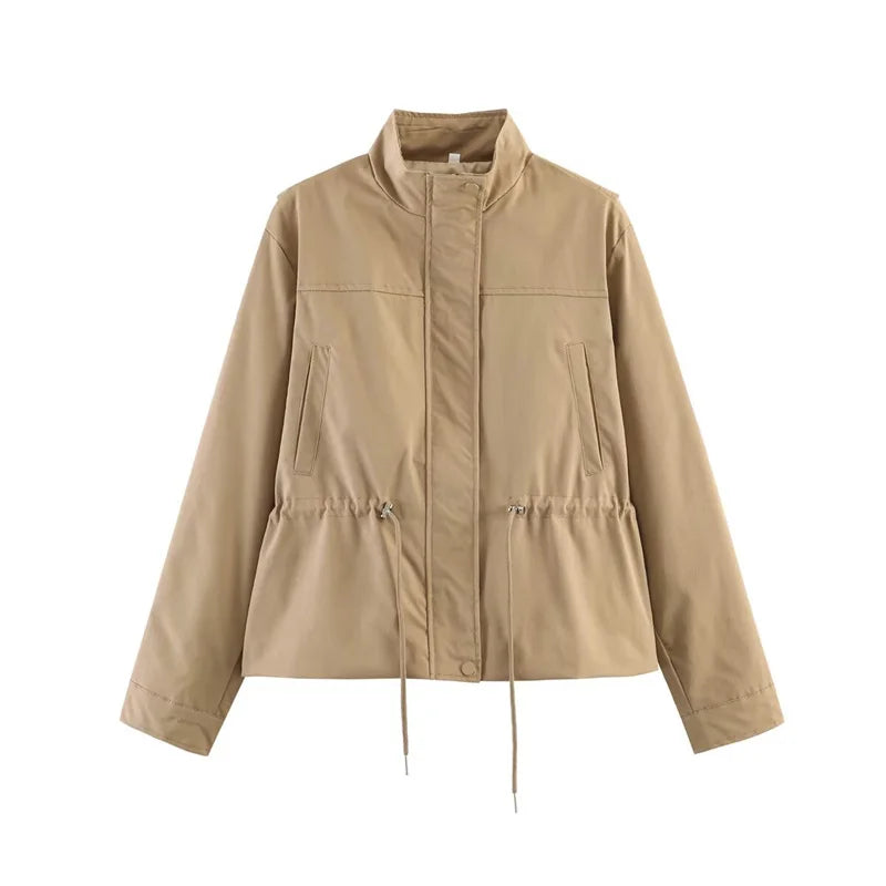 Women's Jacket with Stand Collar and Drawstring Waist