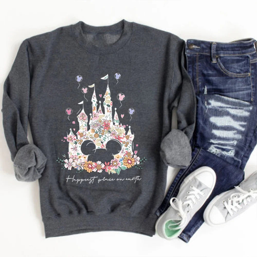 Damen Sweatshirt mit Blumen Schloss Druck & Mickey Motiv Rundhals