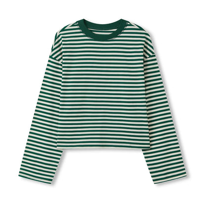 Gestreiftes Langarmshirt Damen Rundhalsausschnitt Oversize Cropped